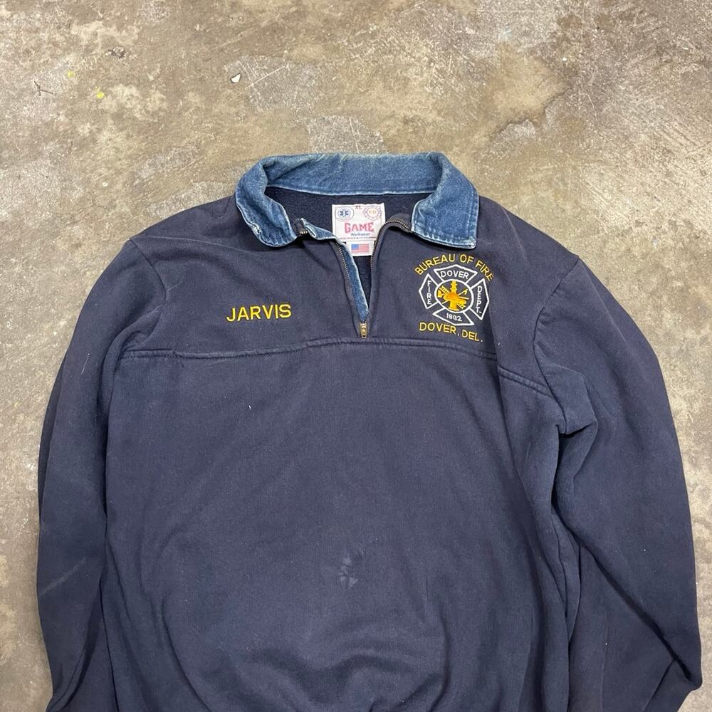 Vintage Fire Department GAME Workwear quarter-zip pullover sweatshirt Size XL